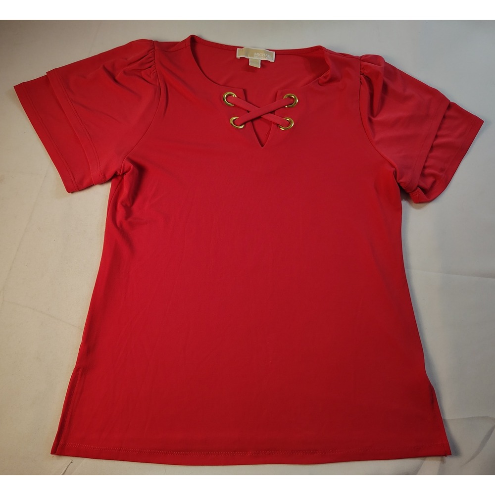 MICHAEL KORS Coral Red Grommet Lace Up V-Neck Short Sleeve Puff Top Boho Chic S‎